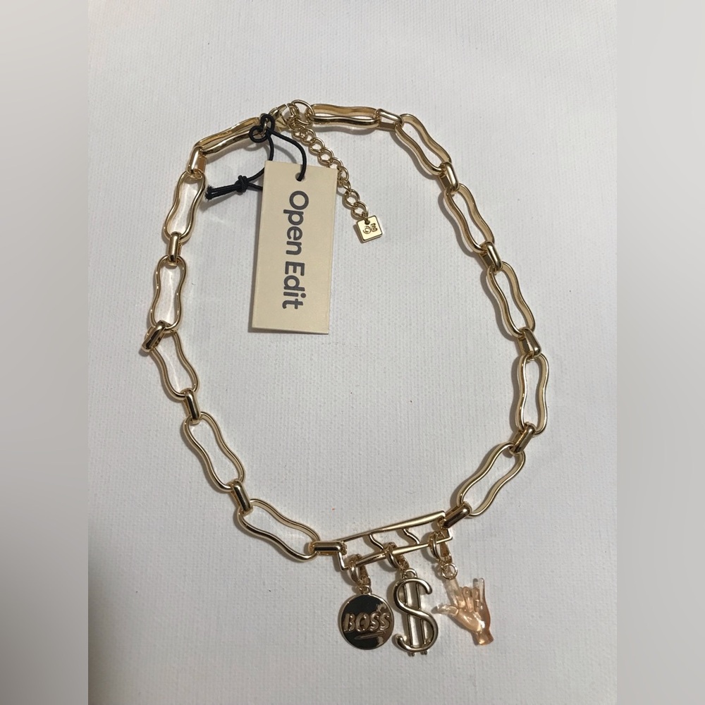 Open Edit Gold Tone Chain Necklace Boss Money and Rock and Roll Charms 14 inches